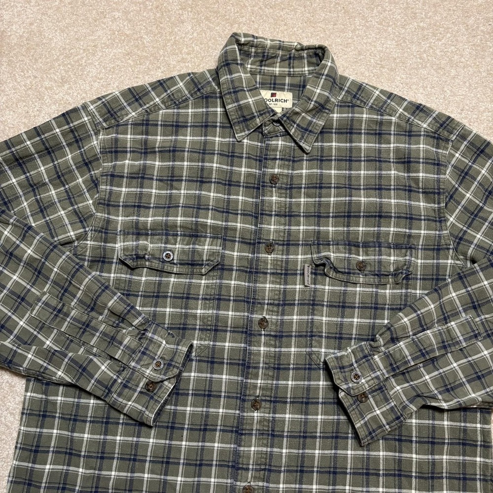 Vtg Woolrich Shirt Mens Medium Green Plaid Flannel Button Up LS Outdoor Cottage